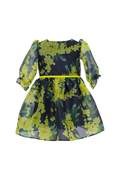 ambar studio EZRA navy yellow flower printed organza girls dress