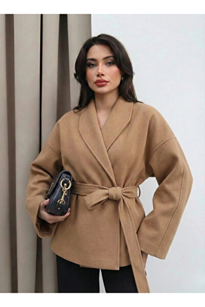 bysoca Women's Beige Belted Shawl Collar Oversize Low Shoulder Short Cashmere...