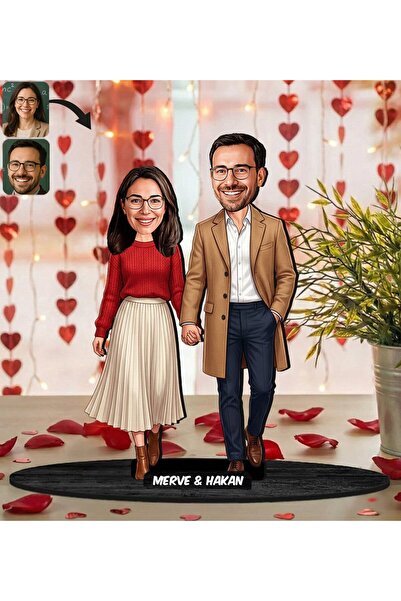 Bk Gift Kişiye Özel Sevgili Karikatürlü Ahşap Biblo -24, Fotoğraftan Karikatü...