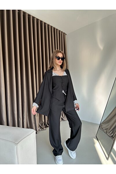 xtop Vatka Detaylı Ceket Askılı Yelek Lastikli Yüksek Bel Palazzo Pantolon Üç...