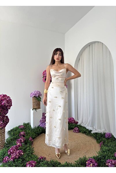 EtikaOnline kadın tasarım saten askılı çiçek detay elbise sara