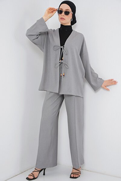 Hiccup Bdart Linen Blend Tie-Up Cardigan and Ribbed Detail Wide-Leg Pants Set