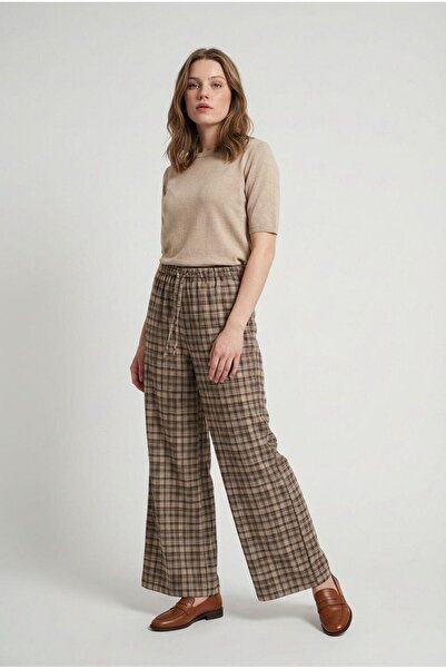Madmext Brown Elastic Waist Wide Leg Plaid Trousers Mg2658