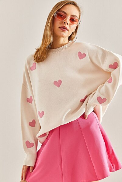 Hiccup Bianco Lucci long knitted sweater with heart embroidery