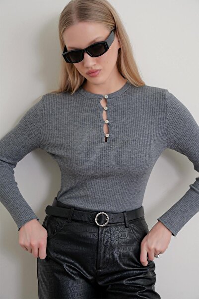 Hiccup MIXRAY Button Detailed Crew Neck Pulover