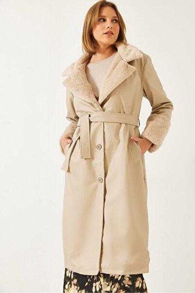 Hiccup Trench lung din piele ecologică cu detalii din blană artificială LUCCI