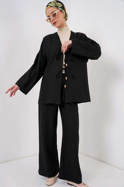 Hiccup Bdart Textured V-Neck Cardigan and Wide Leg Pants Set