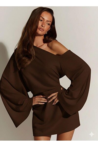 Afri Women's Brown One Shoulder Low Sleeve Mini Dress - Bat Sleeve Stylish 2 ...