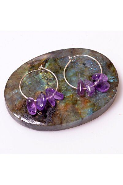 Taş Sandığı Ametist Taşı Çelik Halka Küpe - Kararmaz