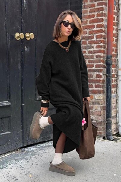 Madmext Rochie neagră pentru femei, cu gât tip crew, tricotaje de bază MG2611