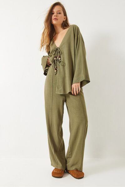 Hiccup Two-piece linen set with beaded details and ties at the front Bianco L...