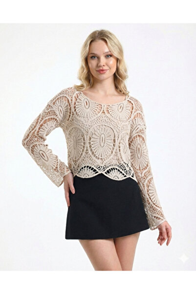Sibel Günay Butik Women's Cotton Knitted Lace Mesh Stone Blouse