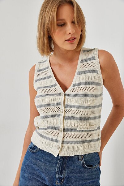 Hiccup Striped knitted vest with three buttons and V-neck, Bianco Lucci