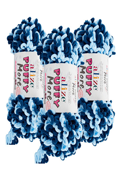 Alize Puffy More Hand Knitting Yarn 3 Pieces – 6573 Navy Blue/Ice Blue – 150 ...