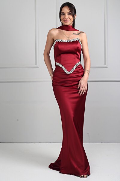 By Saygı Women's Strapless Transparent Strap Lined Shiny Stone Detailed Satin...