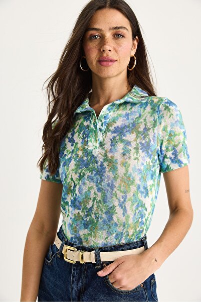 Hiccup Bluză de vară tricotată cu imprimeu digital, cu guler polo, Bianco Lucci