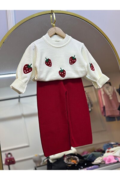 ArdenKids 2-8 Yaş Çilek Panç Detay Kazak & Kırmızı Triko Pantolon Takım