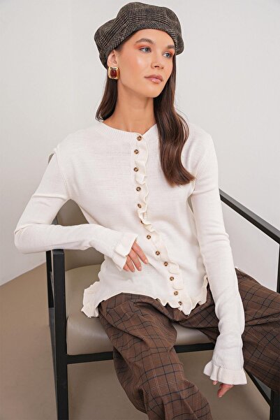 Hiccup MIXRAY ribbed knitted cardigan with ruffles