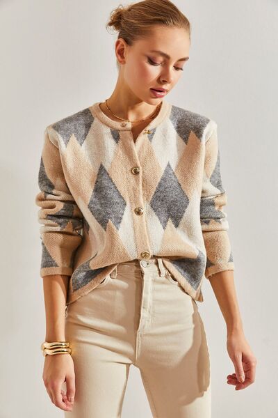 Hiccup Cardigan tricotat cu model de romburi Bianco Lucci