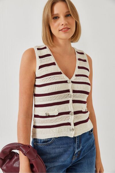 Hiccup Striped knitted vest with three buttons and V-neck, Bianco Lucci