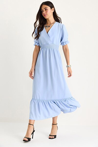 Hiccup Bianco Lucci dress with wrap neckline, gathered waist and elastic sleeves