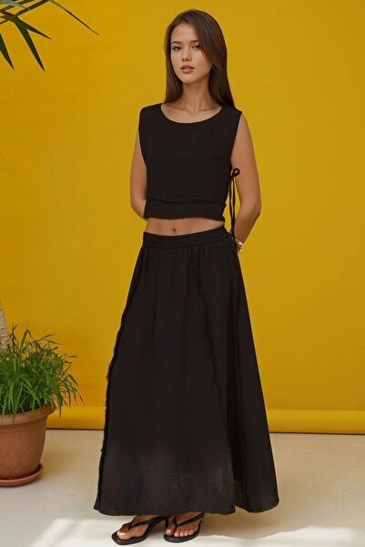 Hiccup Elastic Waist Skirt-Side Tie Detailed Blouse Muslin Suit