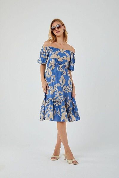 Hiccup Mixray off-shoulder midi dress with floral print, ruffles and lace detail