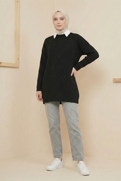 Kirazgym Women's Diamond Patterned Knitwear Tunic Knitted Sweater - Black