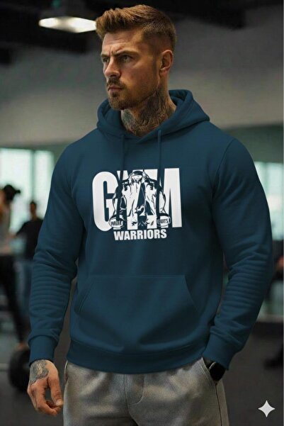 NO 601 Men's Petrol Hooded Gym Warrirors Printed Sweatshirt