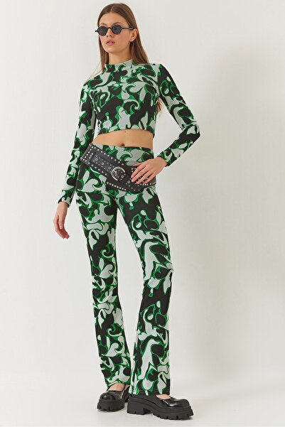 Hiccup Crop top and pants set with high collar and long sleeves, elastic wais...