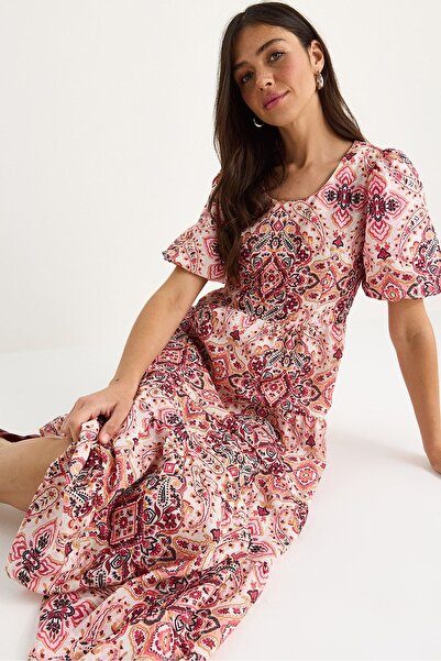 Hiccup Rochie lungă texturată din in cu model, decolteu rotund și mâneci balo...