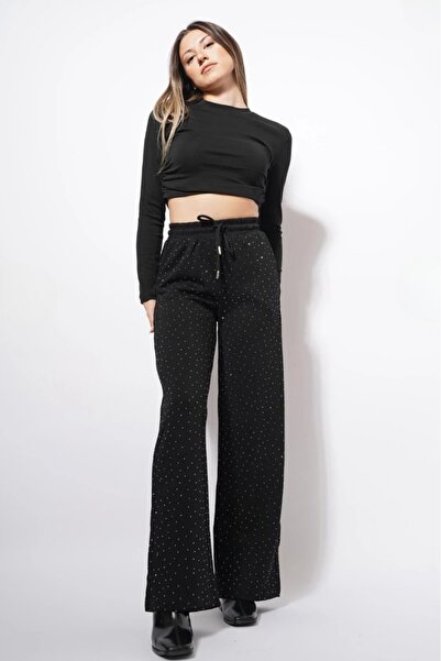 Moda Palmiss Women's Black Stone Detailed Modal Fabric High Waist Wide Leg Sw...