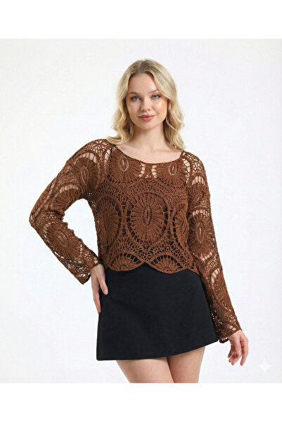 Sibel Günay Butik Women's Cotton Knitted Lace Mesh Coffee Blouse