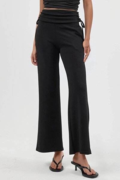 Hiccup Modal Textured High Waist Wide Leg Ruched Detail Pants Berşan Collection