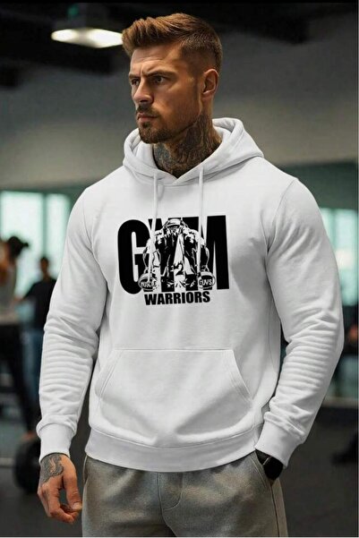 NO 601 Men's White Hooded Gym Warrirors Printed Sweatshirt