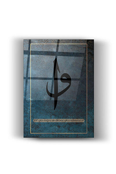 NeoWallArt Modern Elif Vav Temalı Cam Tablo - Antrasit Mavi Dikey Dekoratif D...