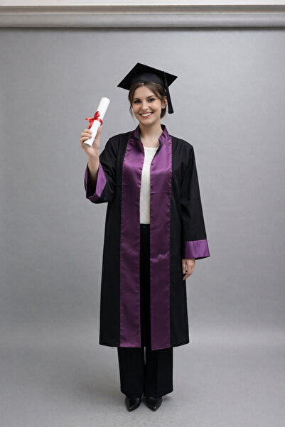 AYDAĞ ÜNİVERSİTE MEZUNİYET CÜBBESİ VE KEPİ SİYAH VE MÜRDÜM UNİSEX