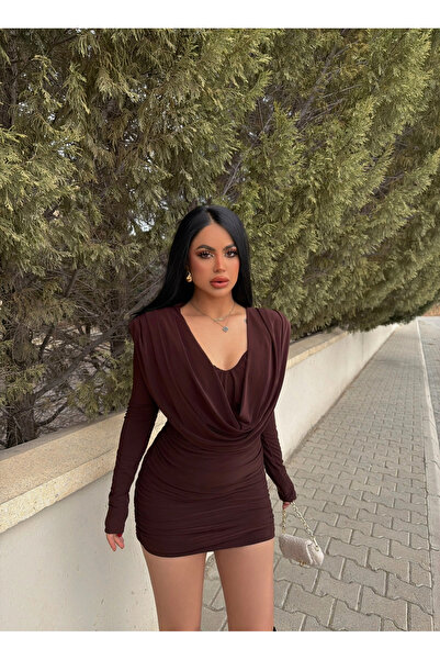 kırmızı butiks Kahve Omuz Vatkalı Degaje Elbise