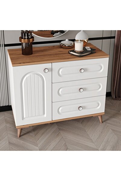 GuneyStore Bohem Komple MDF Atlantik Çam - Beyaz Şifonyer - Ücretsiz Montaj