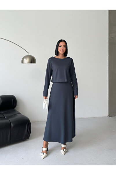 LE CARAMBOLE Women's Anthracite Boat Neck Blouse Dress Double Set