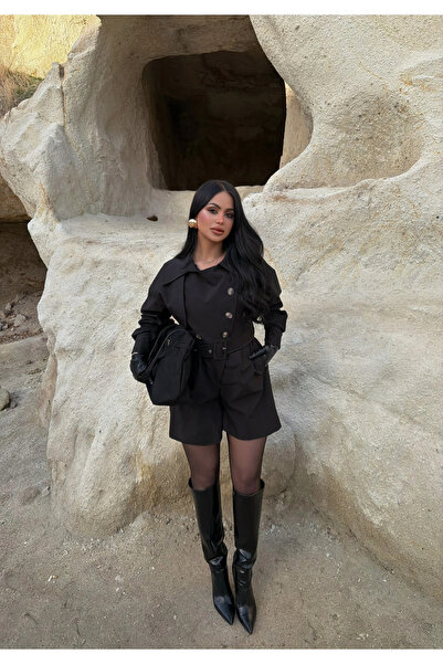 kırmızı butiks Siyah Şortlu Trenç Tulum