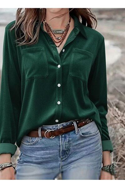 FRESCO SCARFS Women's Long Sleeve Collared Front Buttoned Velvet Shirt with P...