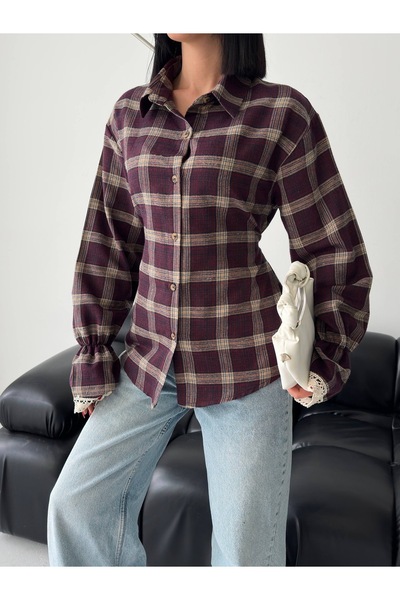 Ekim Store Lace Detail Waist-Fitted Plaid Shirt