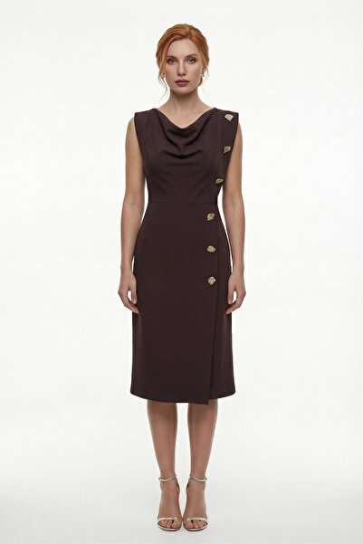 Lafaba Women's Brown Degaje Collar Accessory Detail Midi Dress