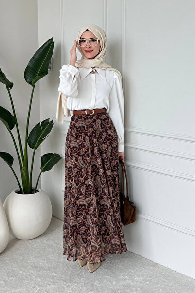 Tesettür Diyarı Noram Etnik Desen Astarlı Şifon Tesettür Etek- Kahverengi