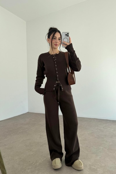 solena sln Set de tricotaje maro pentru femei, cu talie fixată cu capse