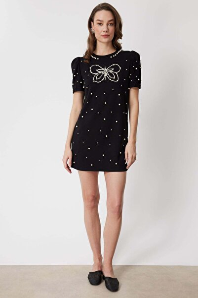ON Kelebek Desenli İncili Mini Elbise