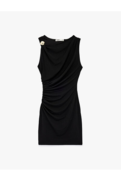 Koton Draped Degaje Collar Sleeveless Mini Dress with Metal Accessories