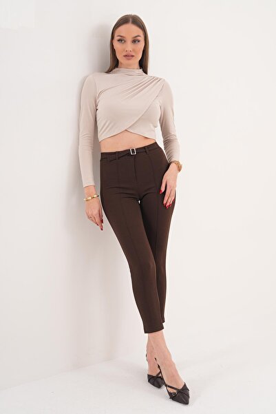 ŞİMAL Women's Green Buckle Detailed Narrow Leg Fabric Trousers 260212 -