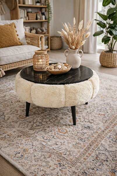 KOKİ DESİGN Siyah Mermer Desen Papatya Wellsoft Krem Kumaş Kaplamalı Yuvarlak...